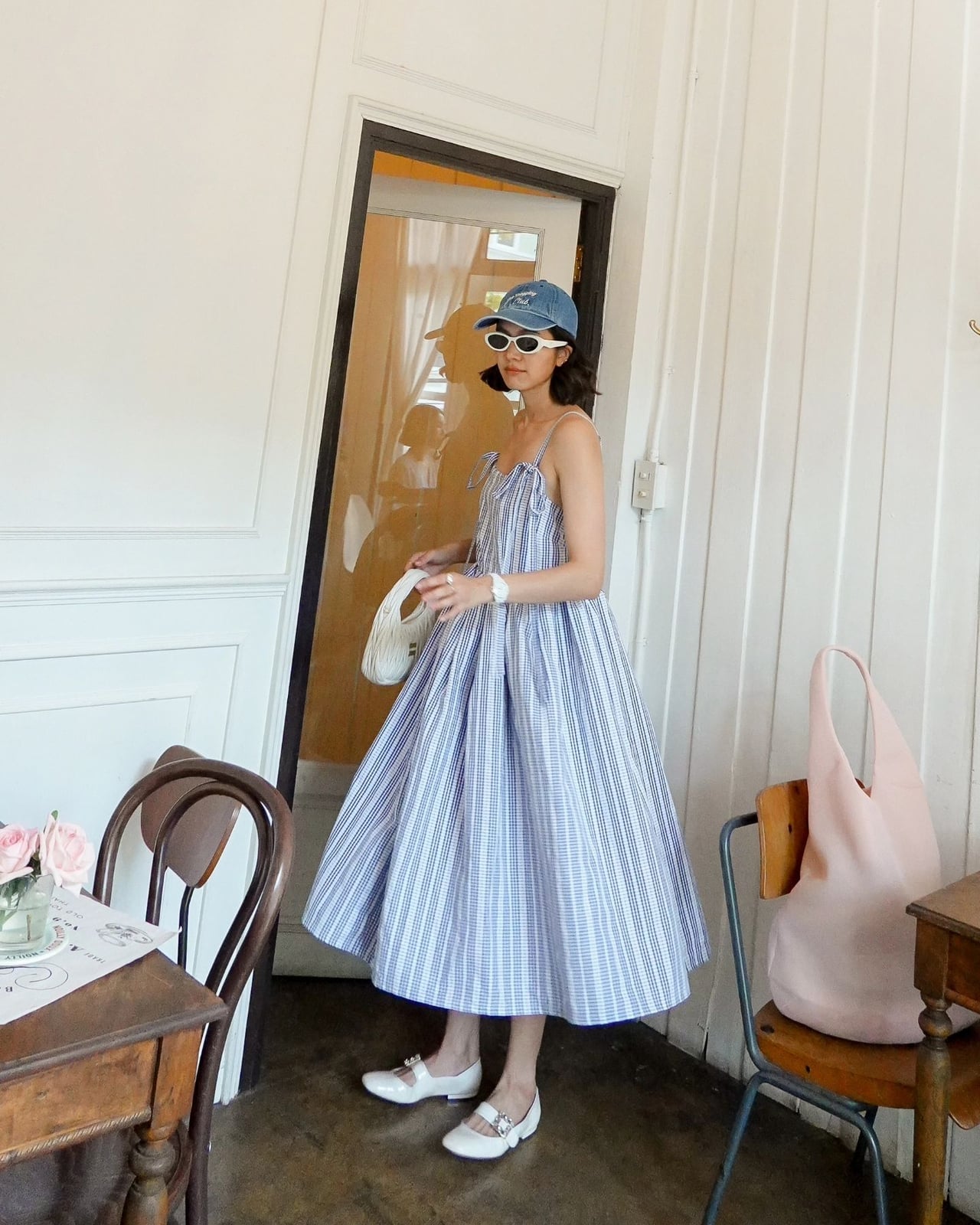 Gingham Print Sundress with White Cap Gingham Print Sundress with White Cap — Memorial Day Weekend Outfits 2027