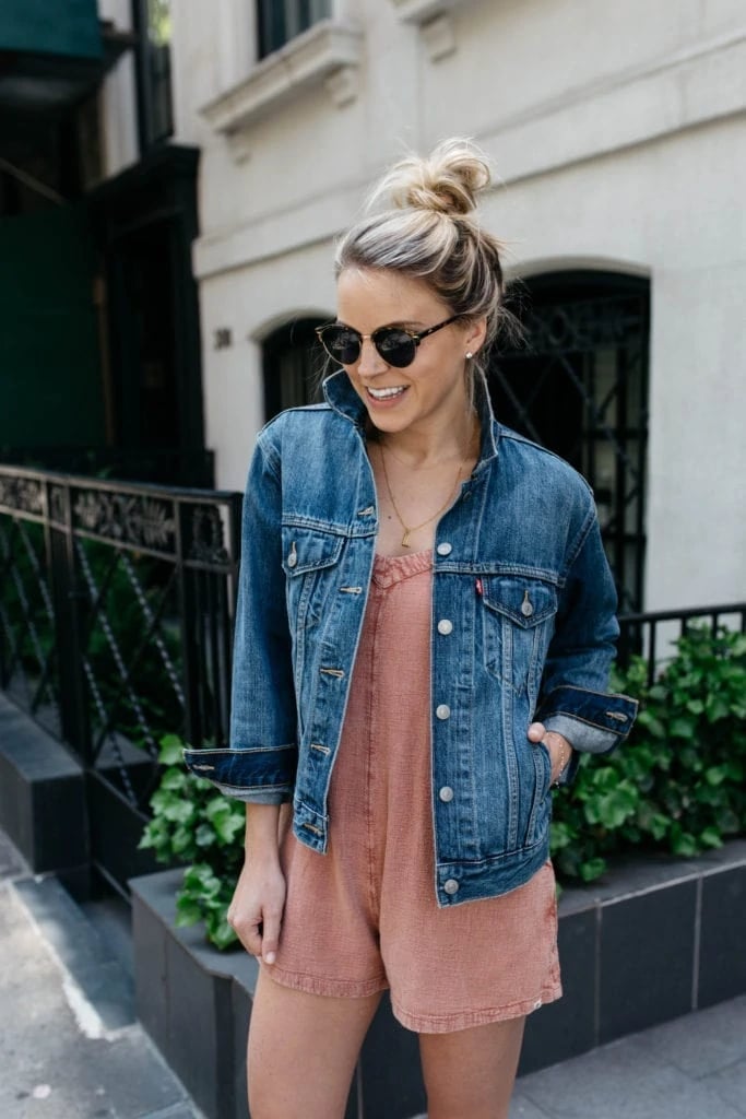 Coral Romper with Denim Jacket Layering Coral Romper with Denim Jacket Layering — Memorial Day Weekend Outfits 2027
