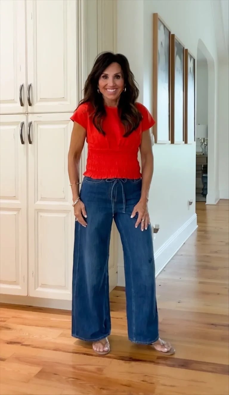 Red Smocked Top with Wide Leg Denim Jeans Red Smocked Top with Wide Leg Denim Jeans — Memorial Day Weekend Outfits 2027
