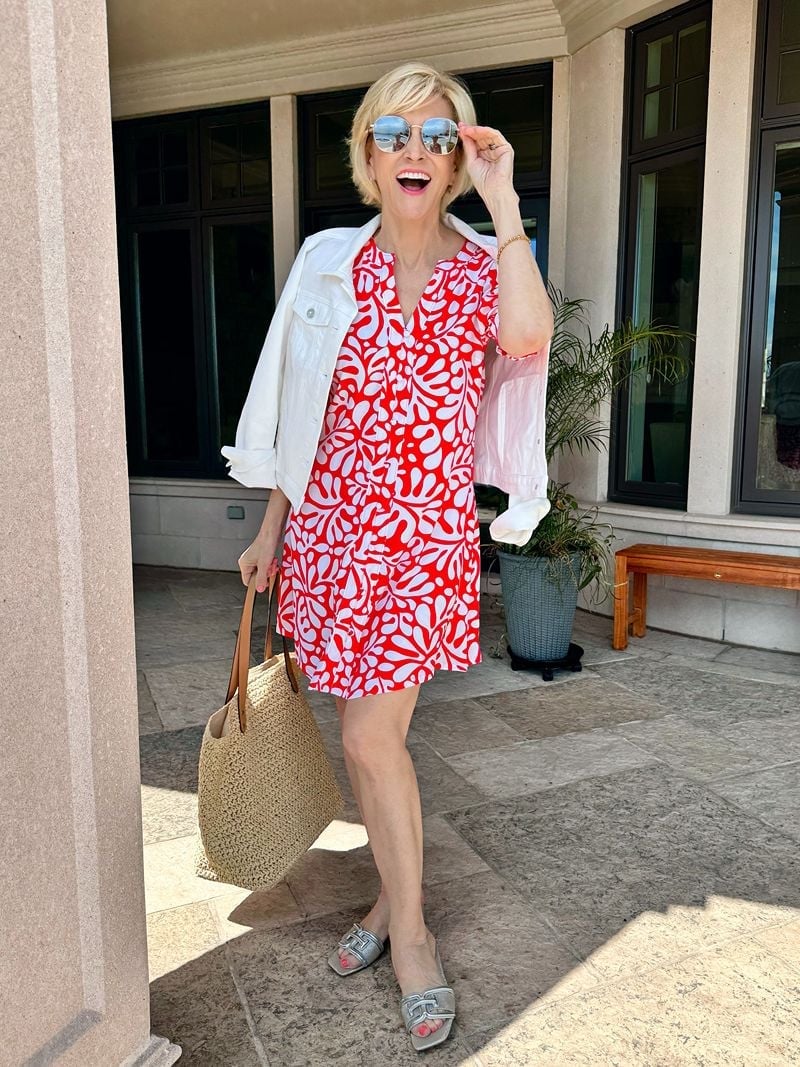 Floral Shirt Dress with White Denim Jacket Floral Shirt Dress with White Denim Jacket — Memorial Day Weekend Outfits 2027