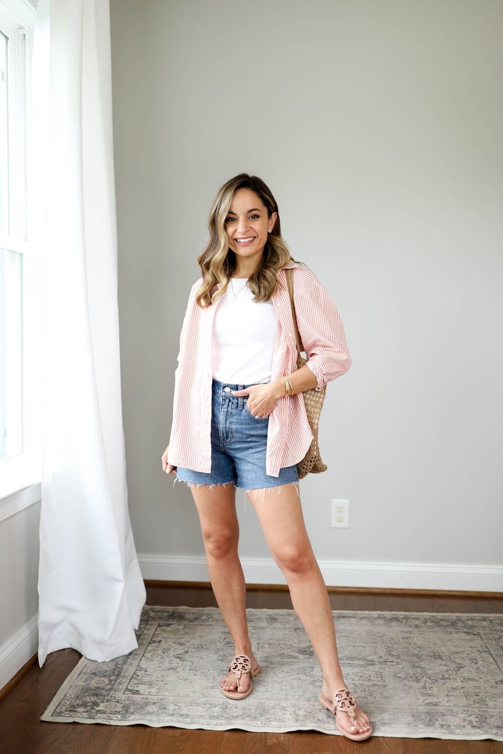 Striped Button-Down Over White Tee and Denim Shorts Striped Button-Down Over White Tee and Denim Shorts — Memorial Day Weekend Outfits 2027