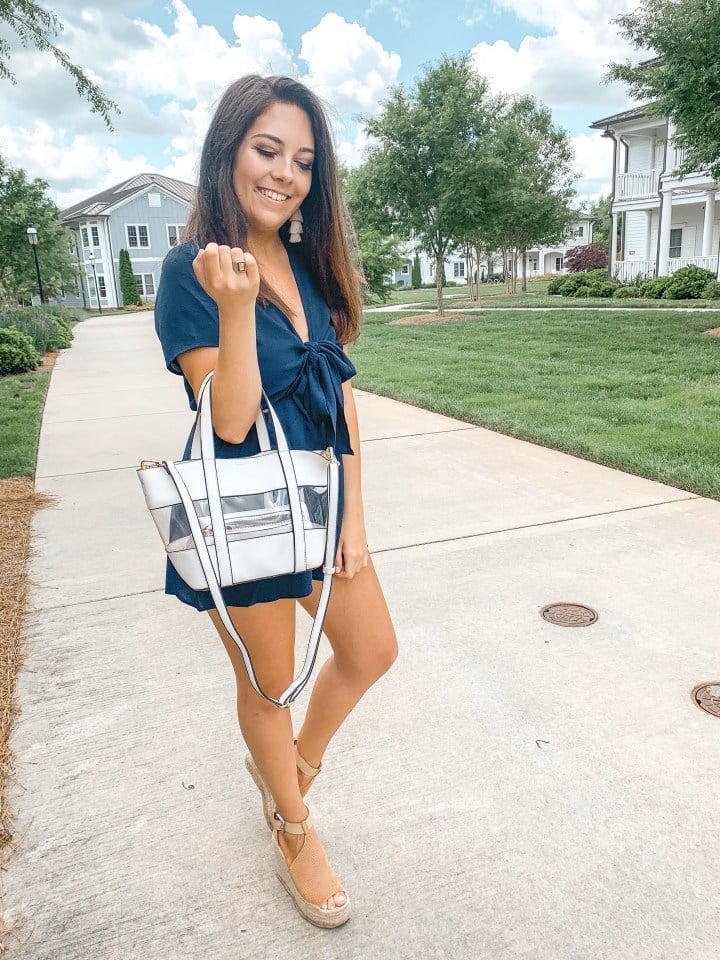 Navy Tie-Front Romper with Espadrille Wedges Navy Tie-Front Romper with Espadrille Wedges — Memorial Day Weekend Outfits 2027