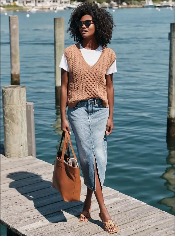 Sweater Vest Over Denim Midi Skirt Sweater Vest Over Denim Midi Skirt — Memorial Day Weekend Outfits 2027