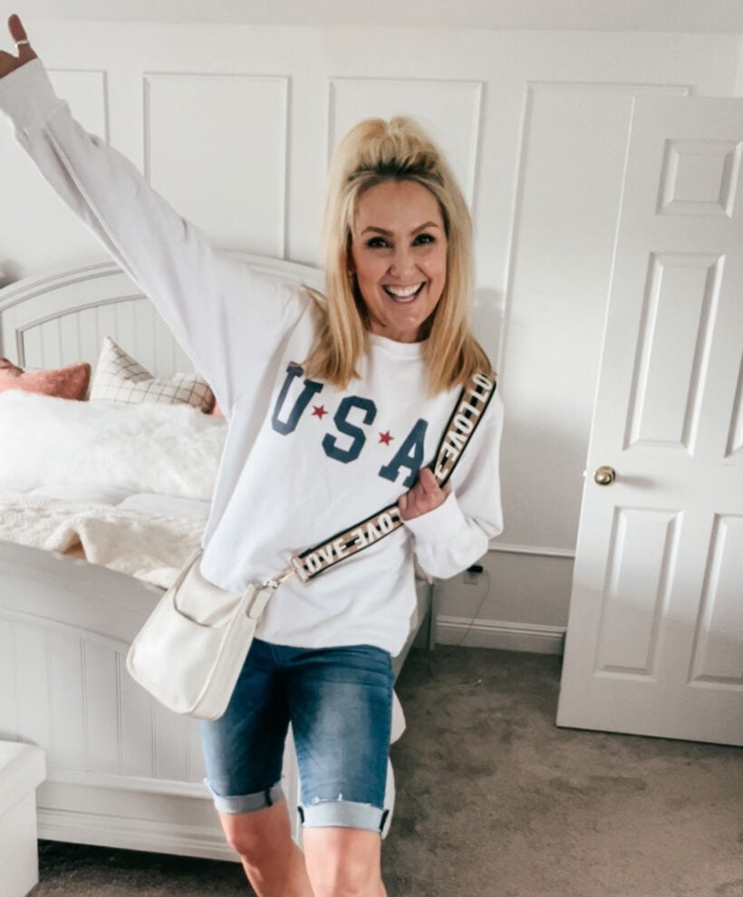 USA Graphic Sweatshirt with Denim Shorts, Slide Sandals USA Graphic Sweatshirt with Denim Shorts, Slide Sandals — Memorial Day Weekend Outfits 2027