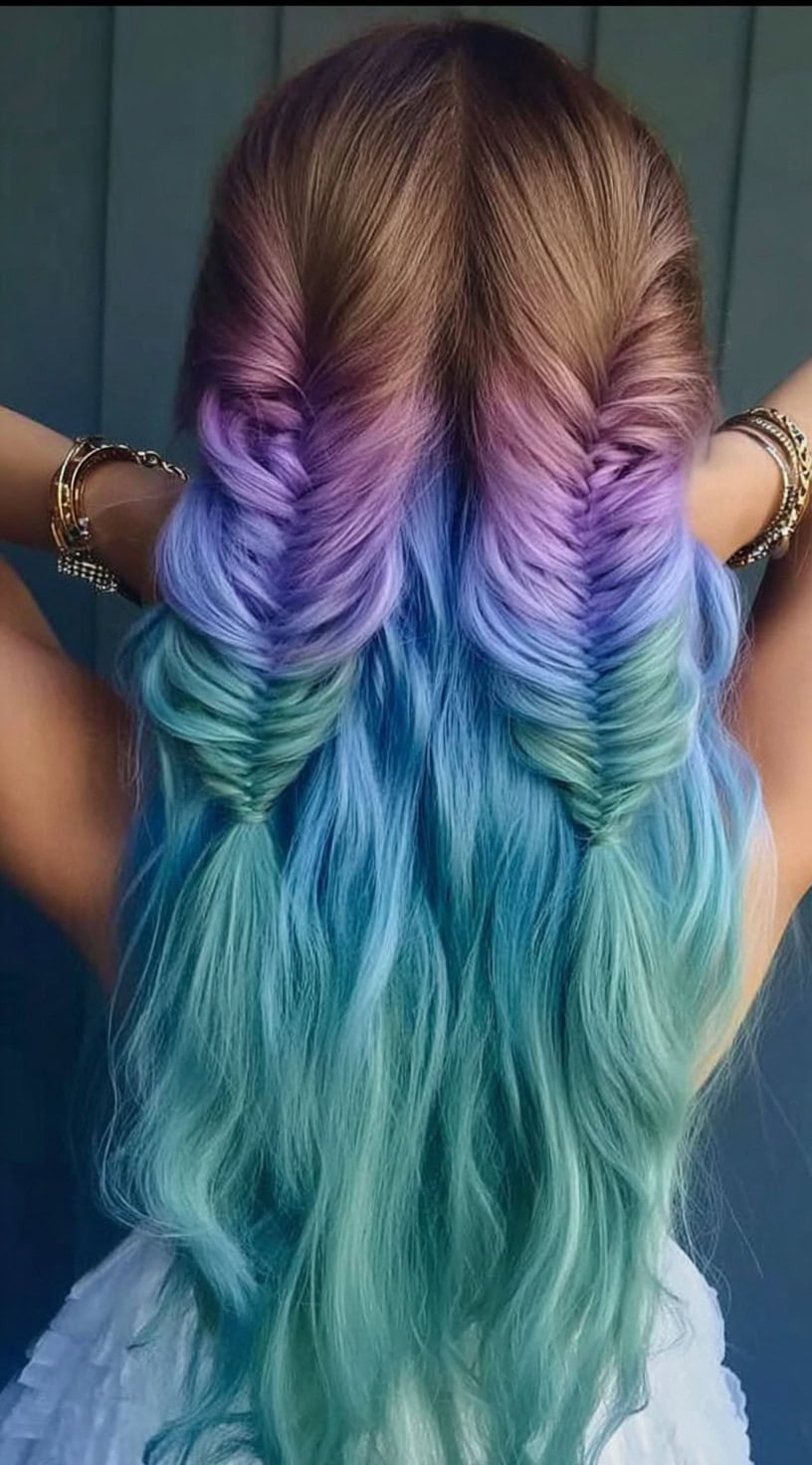 Purple Blue Ombre Double Fishtail Braids Purple Blue Ombre Double Fishtail Braids — Mermaid Braid 2027