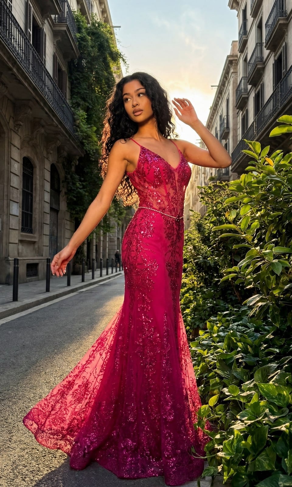 Fuchsia sparkly mermaid dress with sheer corset bodice Fuchsia sparkly mermaid dress with sheer corset bodice — Mermaid Quinceanera Dress 2027