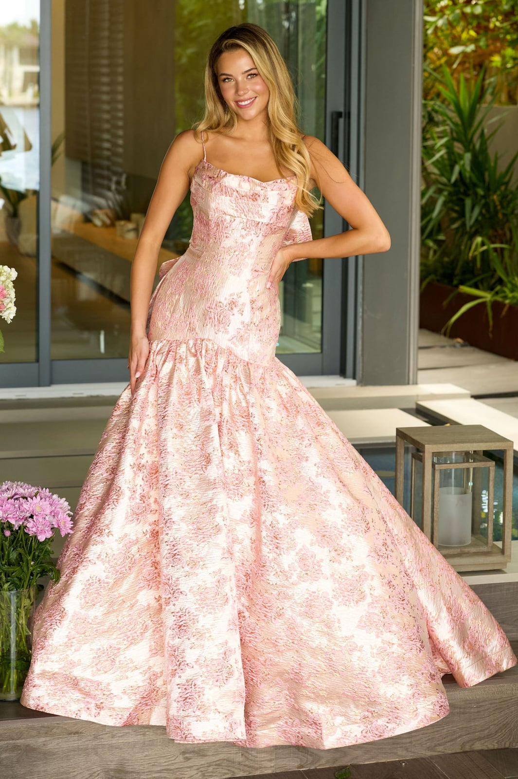 Pink and cream floral brocade mermaid dress Pink and cream floral brocade mermaid dress — Mermaid Quinceanera Dress 2027