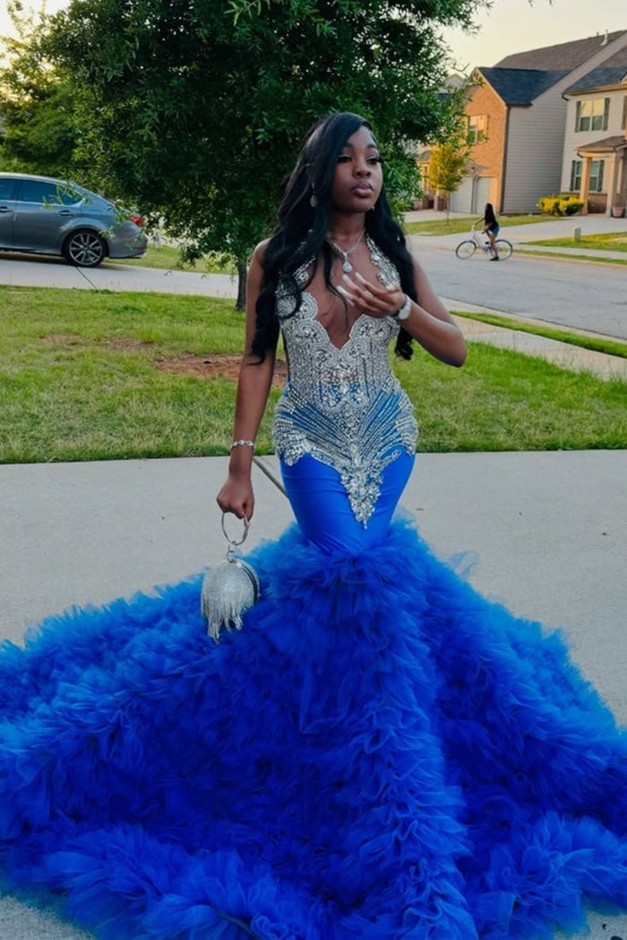 Royal blue ruffled mermaid dress with beaded halter neckline Royal blue ruffled mermaid dress with beaded halter neckline — Mermaid Quinceanera Dress 2027