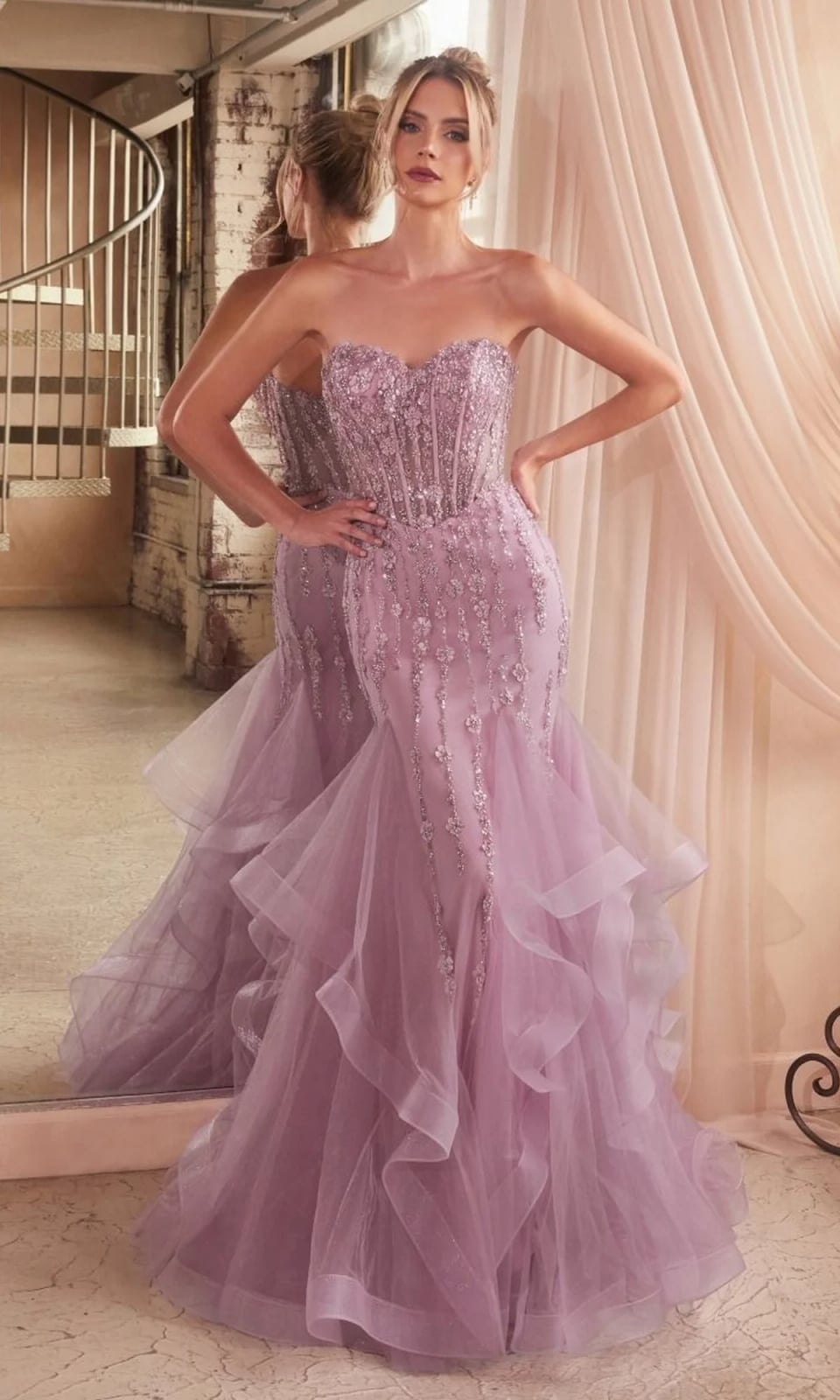 Lavender strapless mermaid gown with ruffled skirt Lavender strapless mermaid gown with ruffled skirt — Mermaid Quinceanera Dress 2027