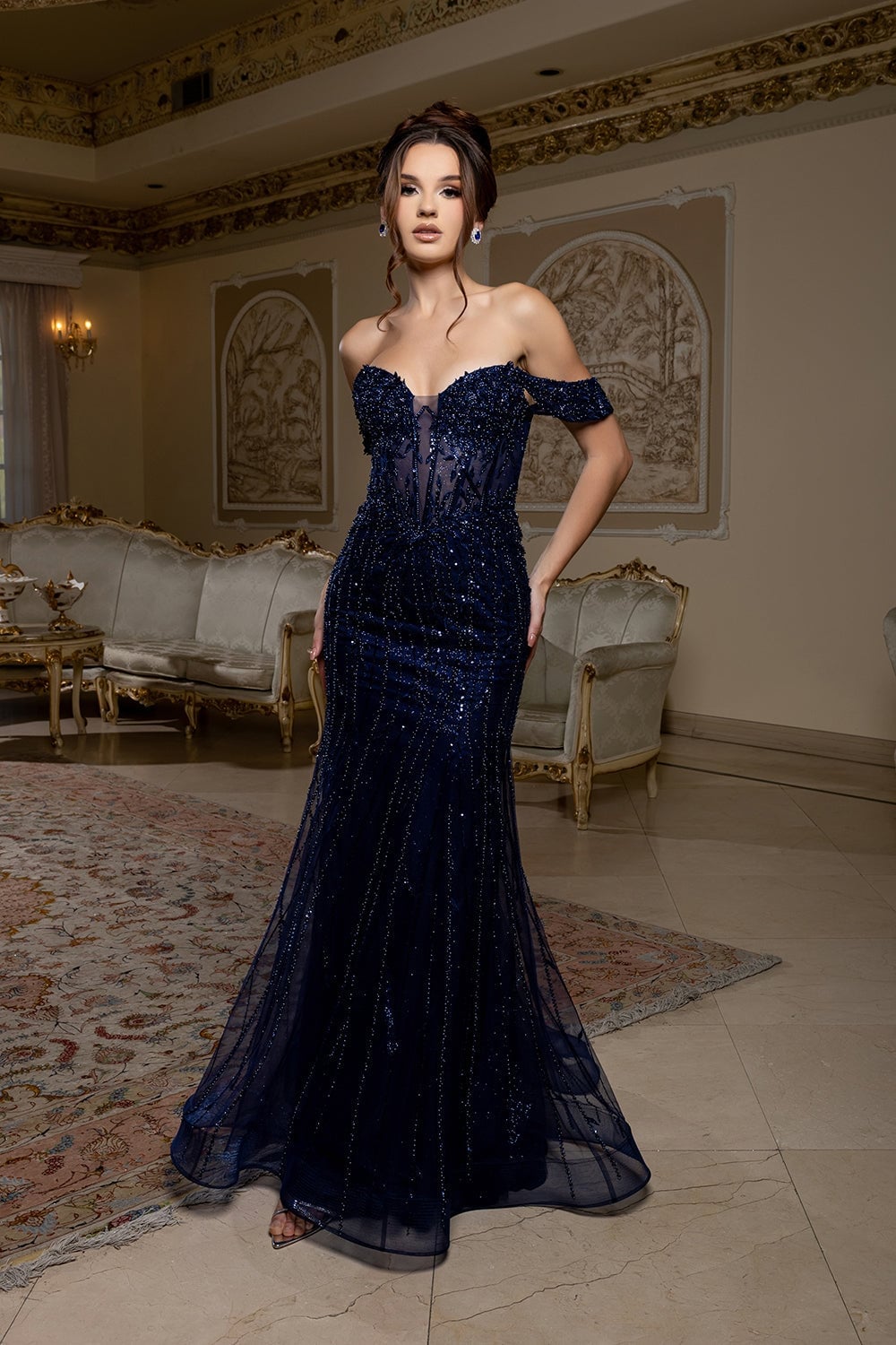 Navy blue off-shoulder mermaid dress with sheer beaded bodice Navy blue off-shoulder mermaid dress with sheer beaded bodice — Mermaid Quinceanera Dress 2027