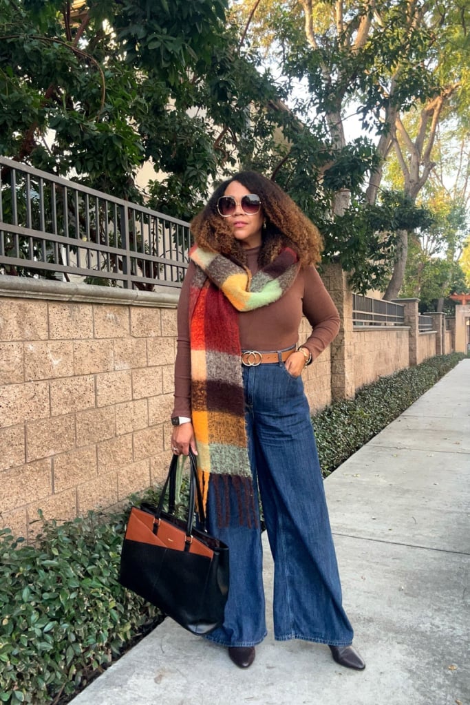 Brown Top Wide Leg Jeans Plaid Scarf Casual Brown Top Wide Leg Jeans Plaid Scarf Casual — Midsize Outfits 2027