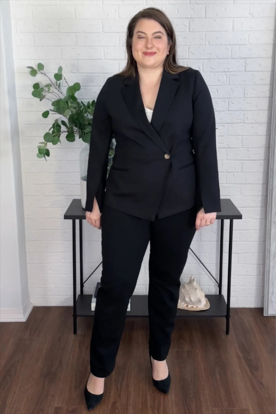 Asymmetrical Blazer White Camisole Black Trousers, Office-Safe Version Asymmetrical Blazer White Camisole Black Trousers, Office-Safe Version — Midsize Outfits 2027
