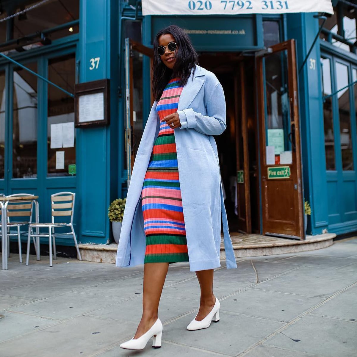Light Blue Trench Coat Striped Midi Dress Smart Casual Light Blue Trench Coat Striped Midi Dress Smart Casual — Midsize Outfits 2027