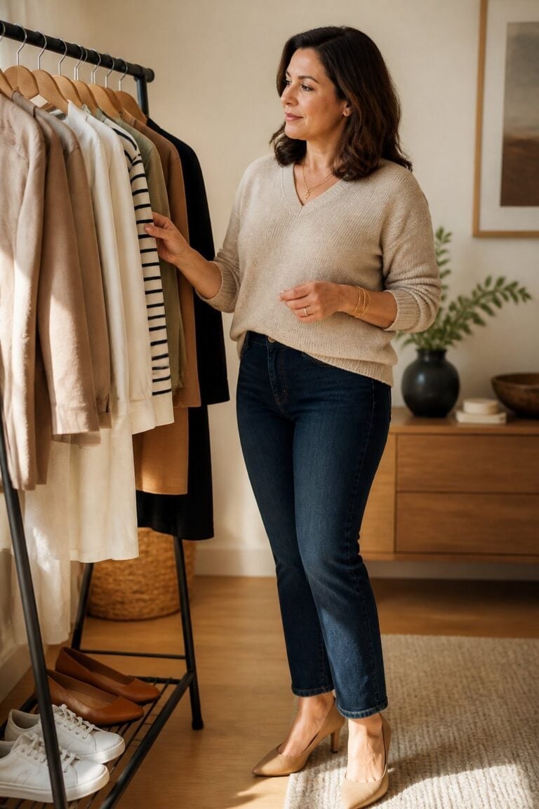 Beige Sweater Dark Jeans Neutral Tones Everyday Beige Sweater Dark Jeans Neutral Tones Everyday — Midsize Outfits 2027