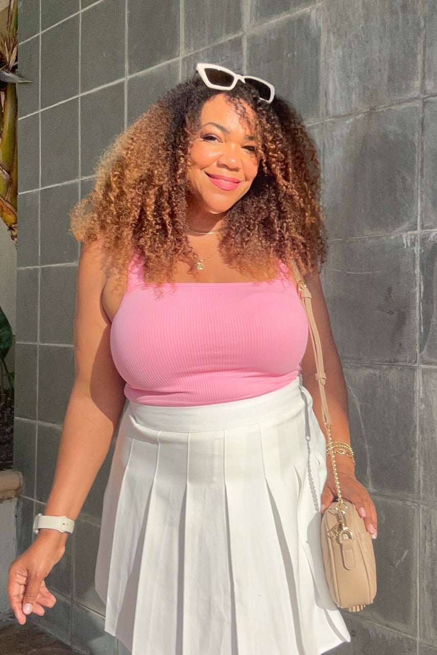 Pink Tank White Pleated Skirt Summer Casual Pink Tank White Pleated Skirt Summer Casual — Midsize Outfits 2027