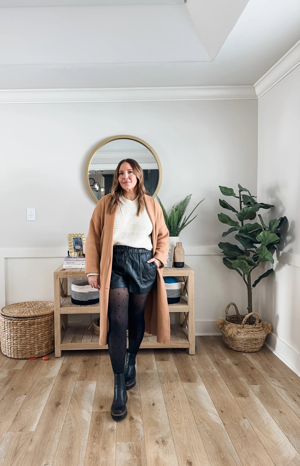 Camel Cardigan Cream Sweater Black Mini Shorts Winter Camel Cardigan Cream Sweater Black Mini Shorts Winter — Midsize Outfits 2027