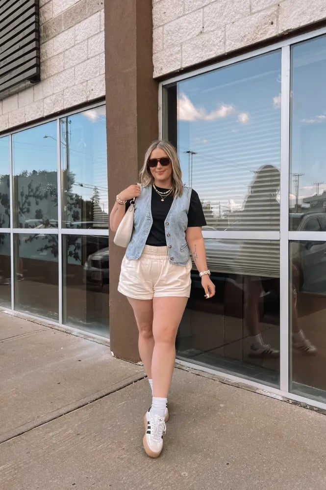 Denim Vest Black Tee Beige Shorts Casual Stylish Denim Vest Black Tee Beige Shorts Casual Stylish — Midsize Outfits 2027