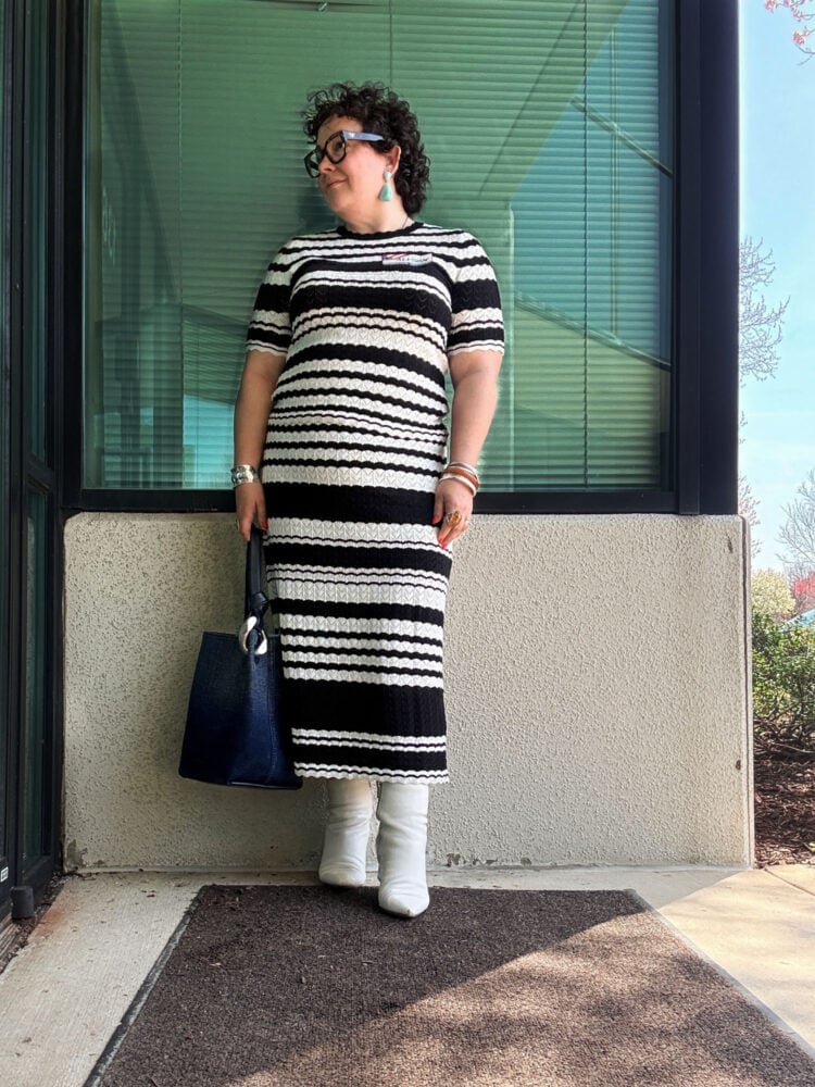 Striped Midi Dress White Boots Daytime, Close-Up Take Striped Midi Dress White Boots Daytime, Close-Up Take — Midsize Outfits 2027