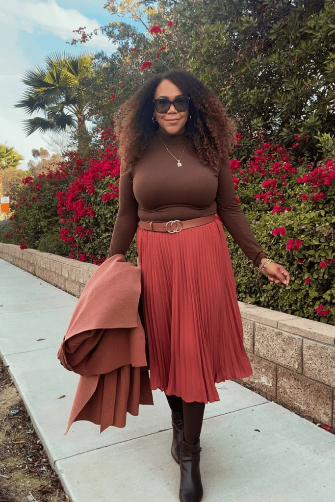 Brown Turtleneck Rust Pleated Skirt Autumn Chic Brown Turtleneck Rust Pleated Skirt Autumn Chic — Midsize Outfits 2027