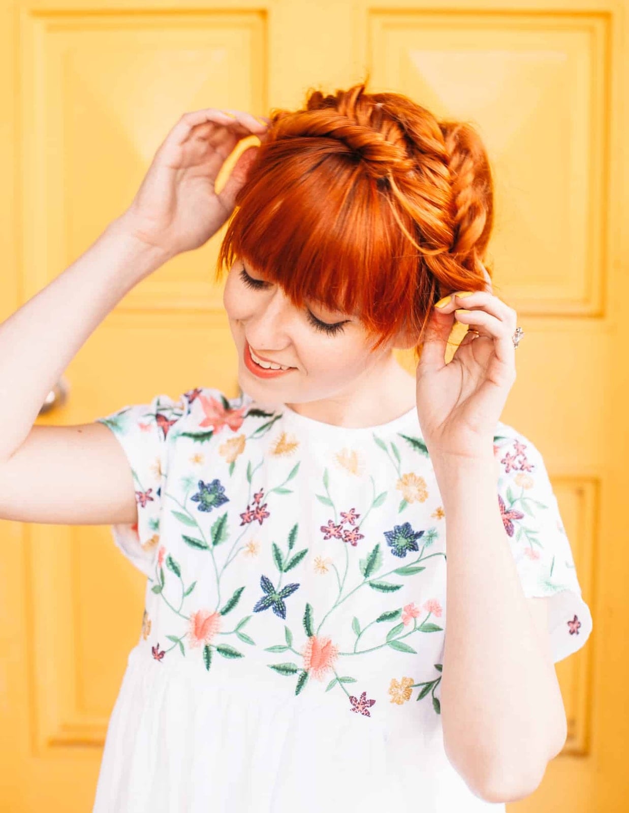 Vibrant Red Wavy Messy Fishtail Braid with Blunt Bangs Vibrant Red Wavy Messy Fishtail Braid with Blunt Bangs — Milkmaid Braid 2027