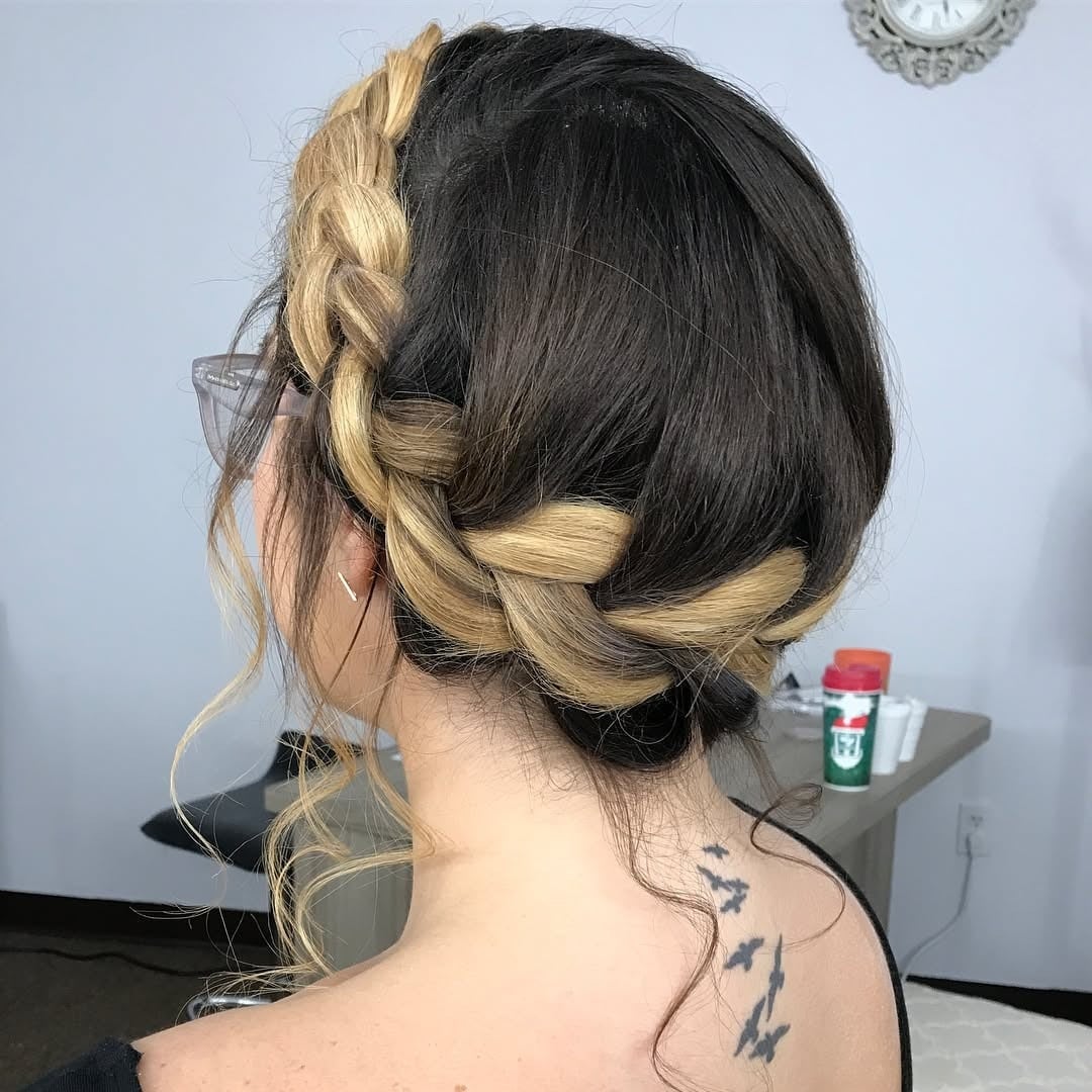 Dark Brown Blonde Highlights Braided Updo Dark Brown Blonde Highlights Braided Updo — Milkmaid Braid 2027