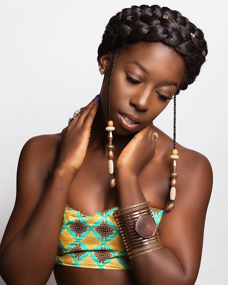 Thick Coily Black Braided Crown with Beads Thick Coily Black Braided Crown with Beads — Milkmaid Braid 2027