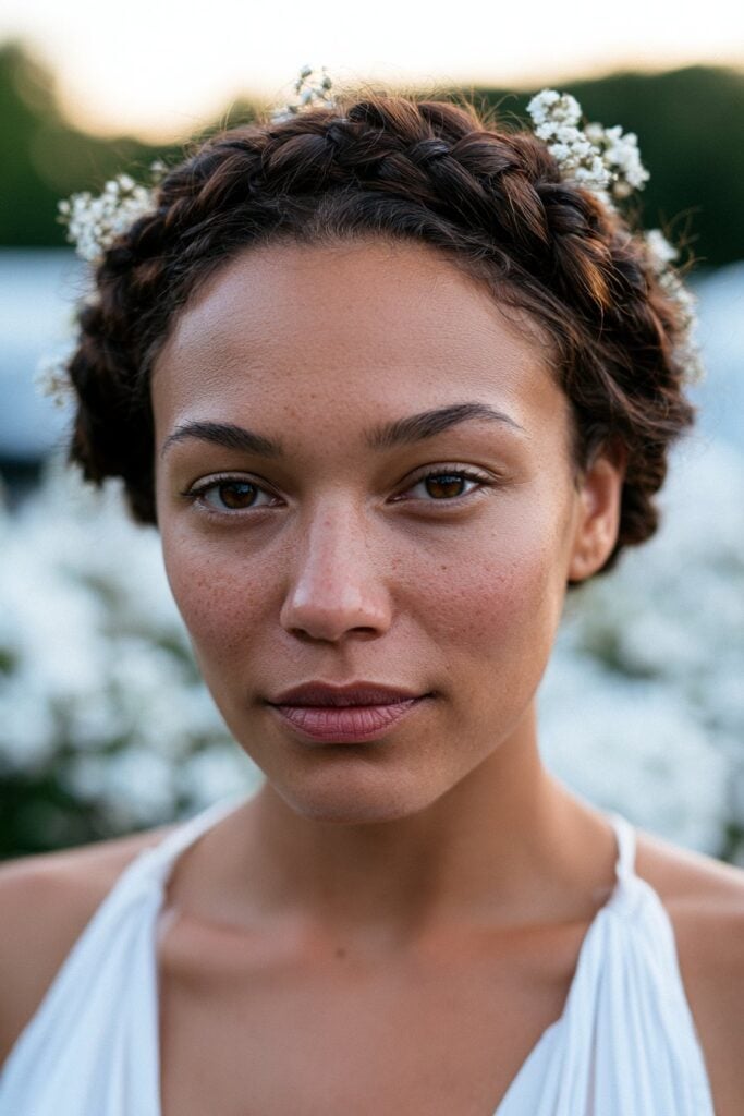 Dark Brown Wavy Milkmaid Braid with Flowers Dark Brown Wavy Milkmaid Braid with Flowers — Milkmaid Braid 2027