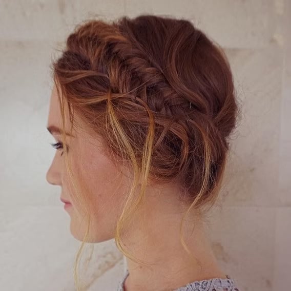 Reddish Brown Wavy Updo with Wispy Bangs Reddish Brown Wavy Updo with Wispy Bangs — Milkmaid Braid 2027