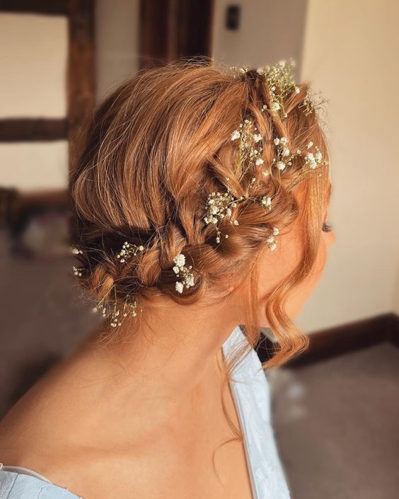 Auburn Wavy Braided Updo with Flowers Auburn Wavy Braided Updo with Flowers — Milkmaid Braid 2027
