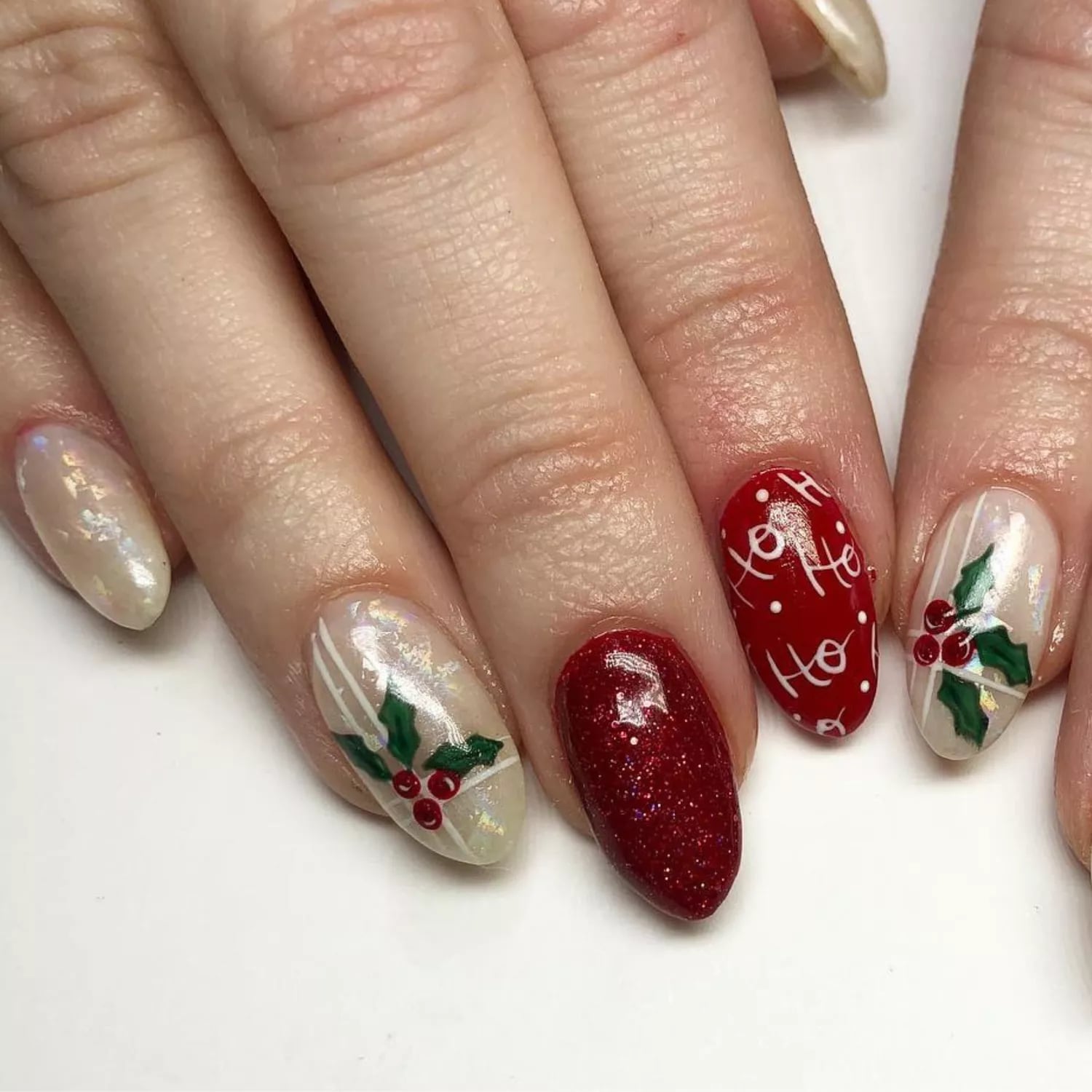 Medium Almond Glitter Red Holly Berry Nails Medium Almond Glitter Red Holly Berry Nails — Mistletoe Nails 2026
