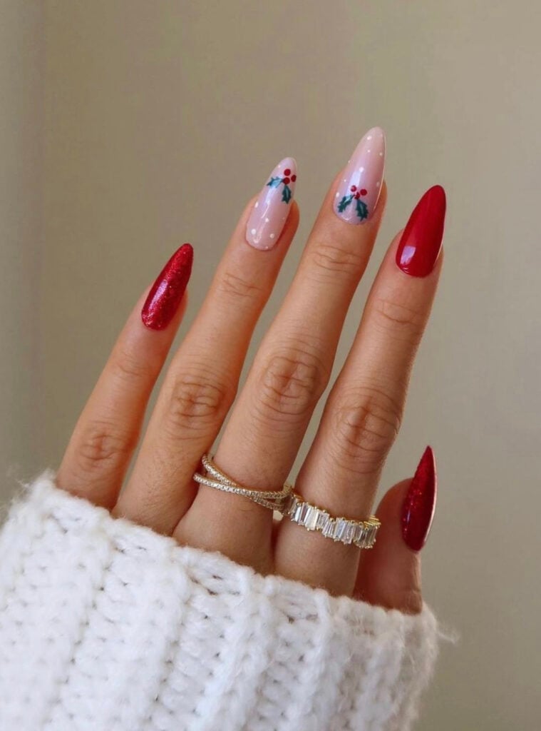 Medium Almond Red Pink Dot Mistletoe Nails Medium Almond Red Pink Dot Mistletoe Nails — Mistletoe Nails 2026