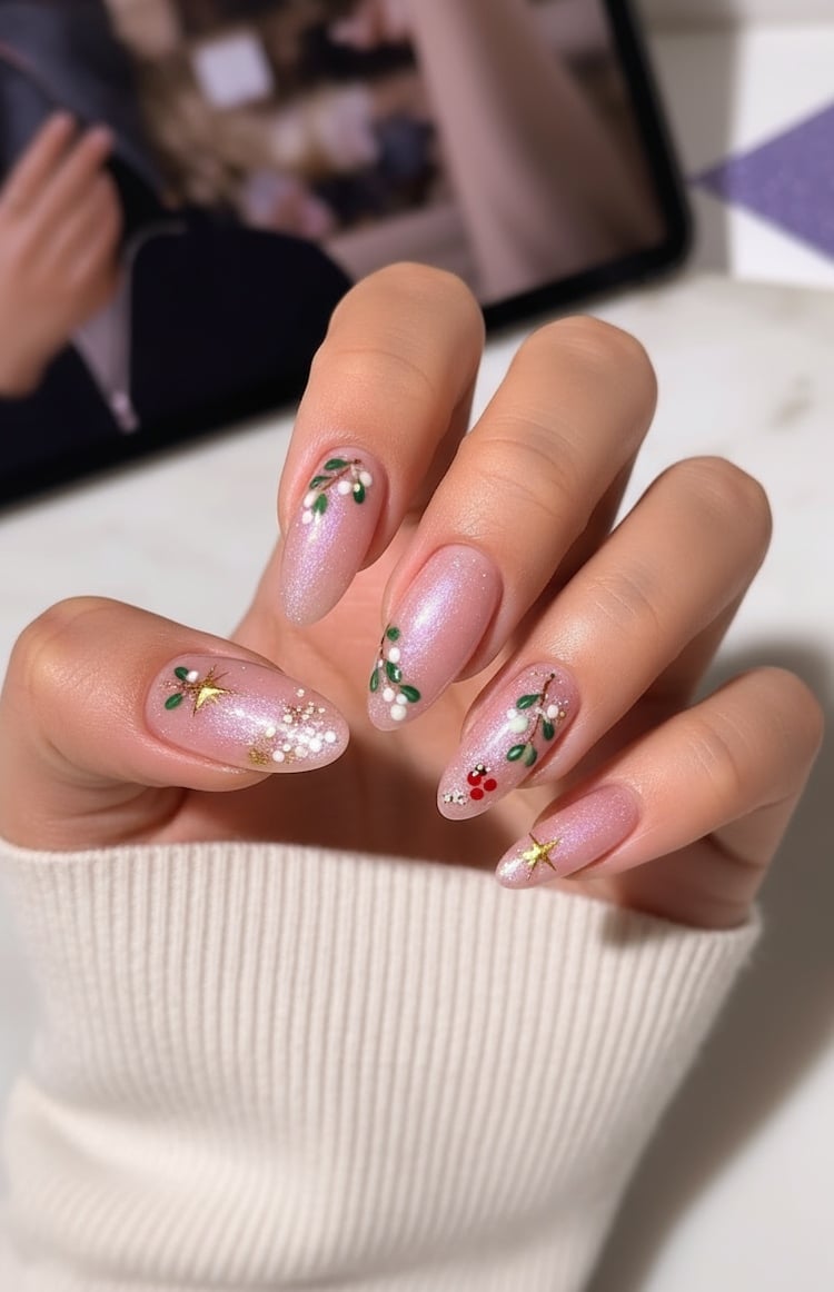 Medium Almond Pink Shimmer Mistletoe Star Nails Medium Almond Pink Shimmer Mistletoe Star Nails — Mistletoe Nails 2026