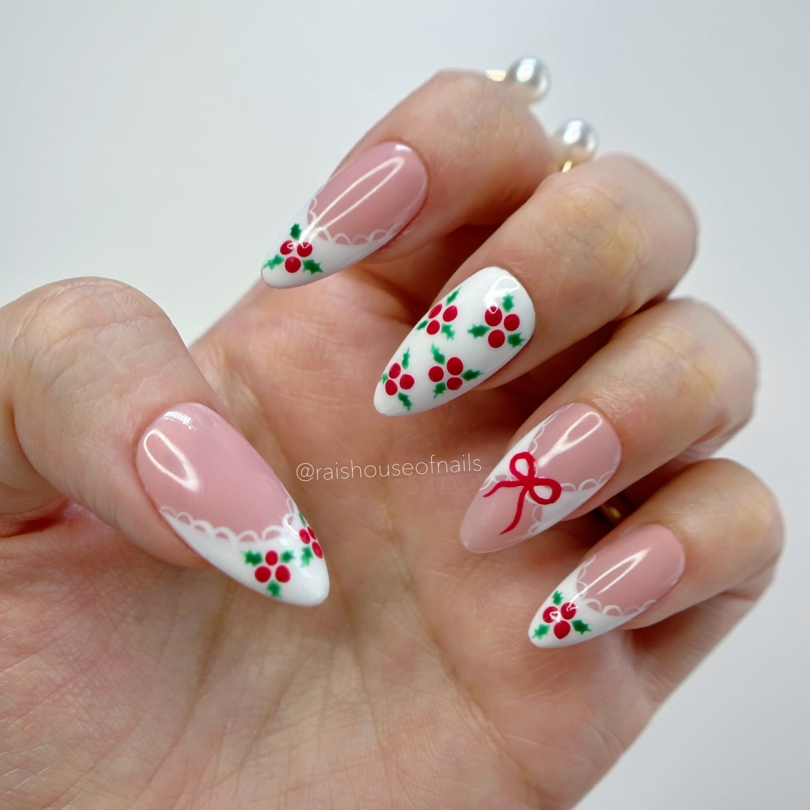 Medium Almond Pink White French Mistletoe Bow Nails Medium Almond Pink White French Mistletoe Bow Nails — Mistletoe Nails 2026