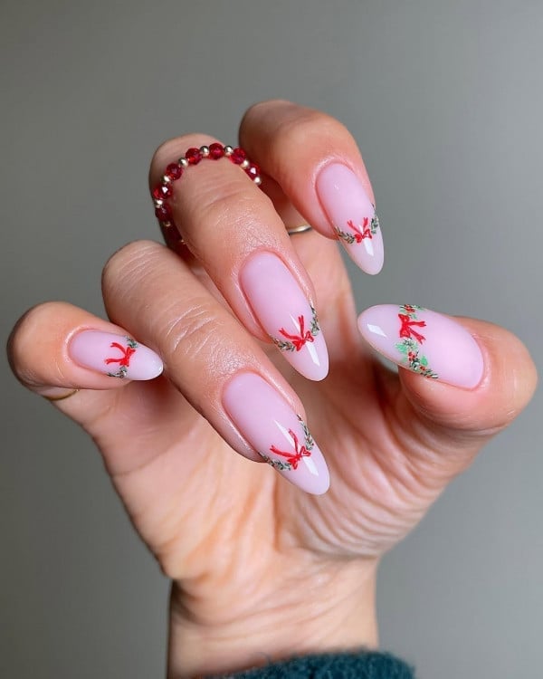 Medium Almond Pale Pink Mistletoe Bow Nails Medium Almond Pale Pink Mistletoe Bow Nails — Mistletoe Nails 2026