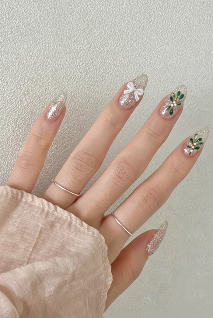 Long Stiletto Glitter Mistletoe Bow Nails Long Stiletto Glitter Mistletoe Bow Nails — Mistletoe Nails 2026