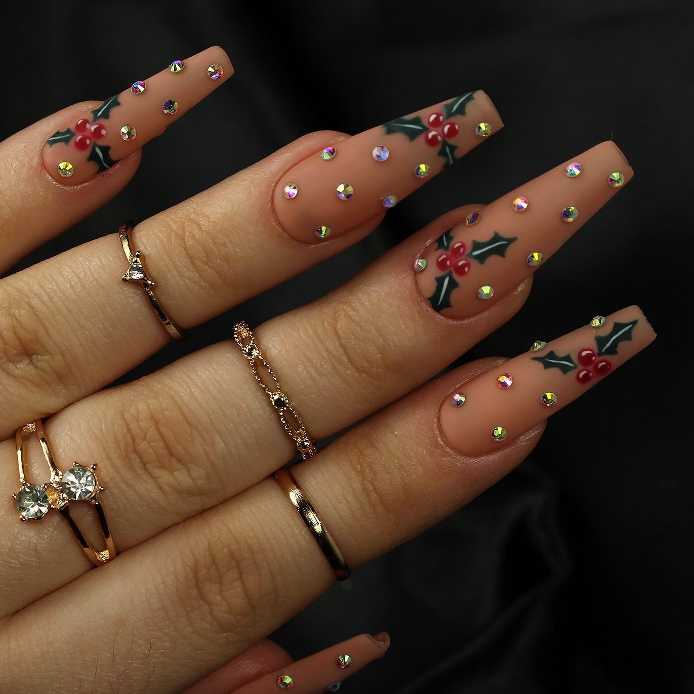 Long Coffin Matte Holly Berry Rhinestone Nails Long Coffin Matte Holly Berry Rhinestone Nails — Mistletoe Nails 2026