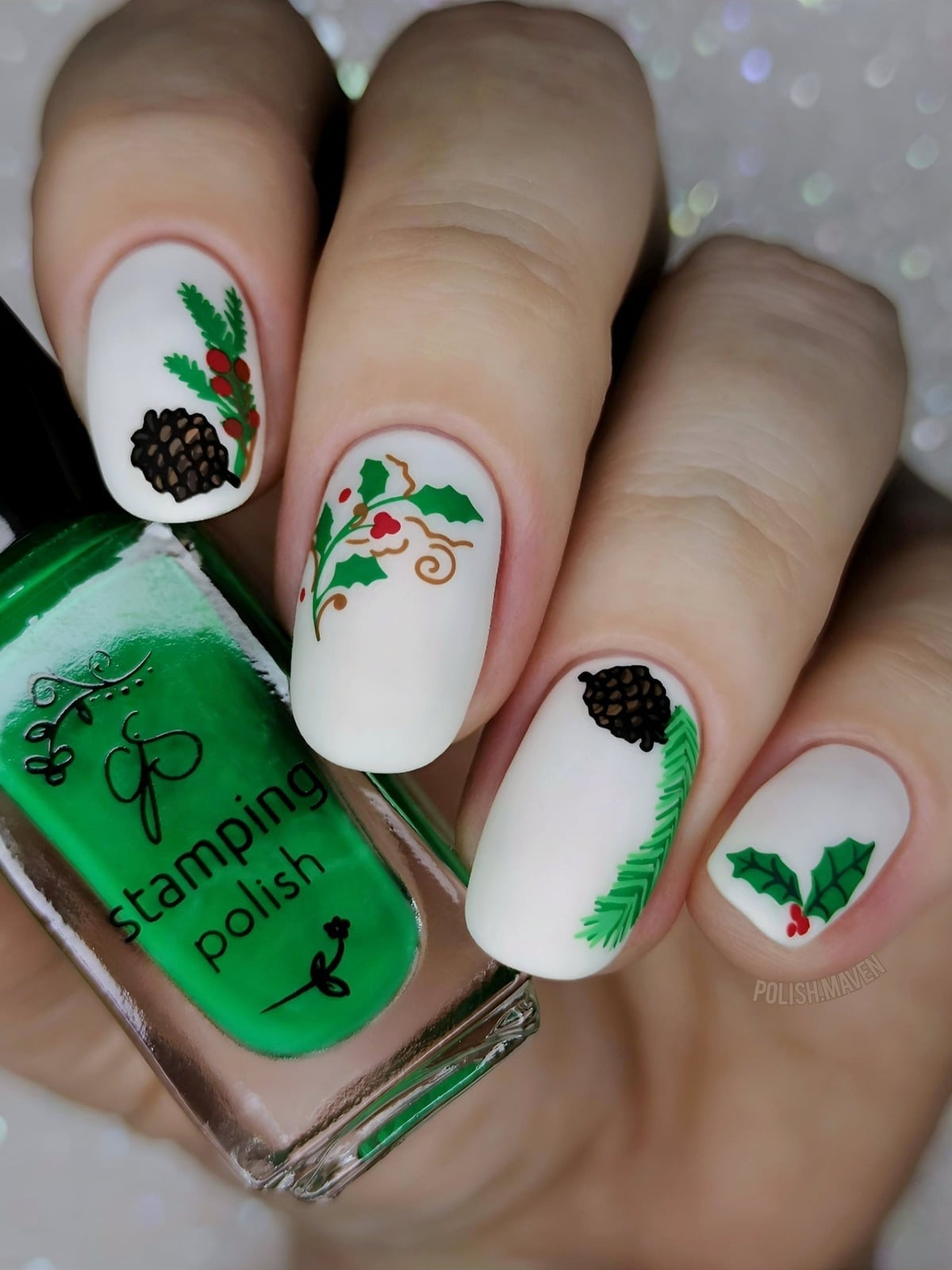 Short Square Matte White Holly Pinecone Nails Short Square Matte White Holly Pinecone Nails — Mistletoe Nails 2026