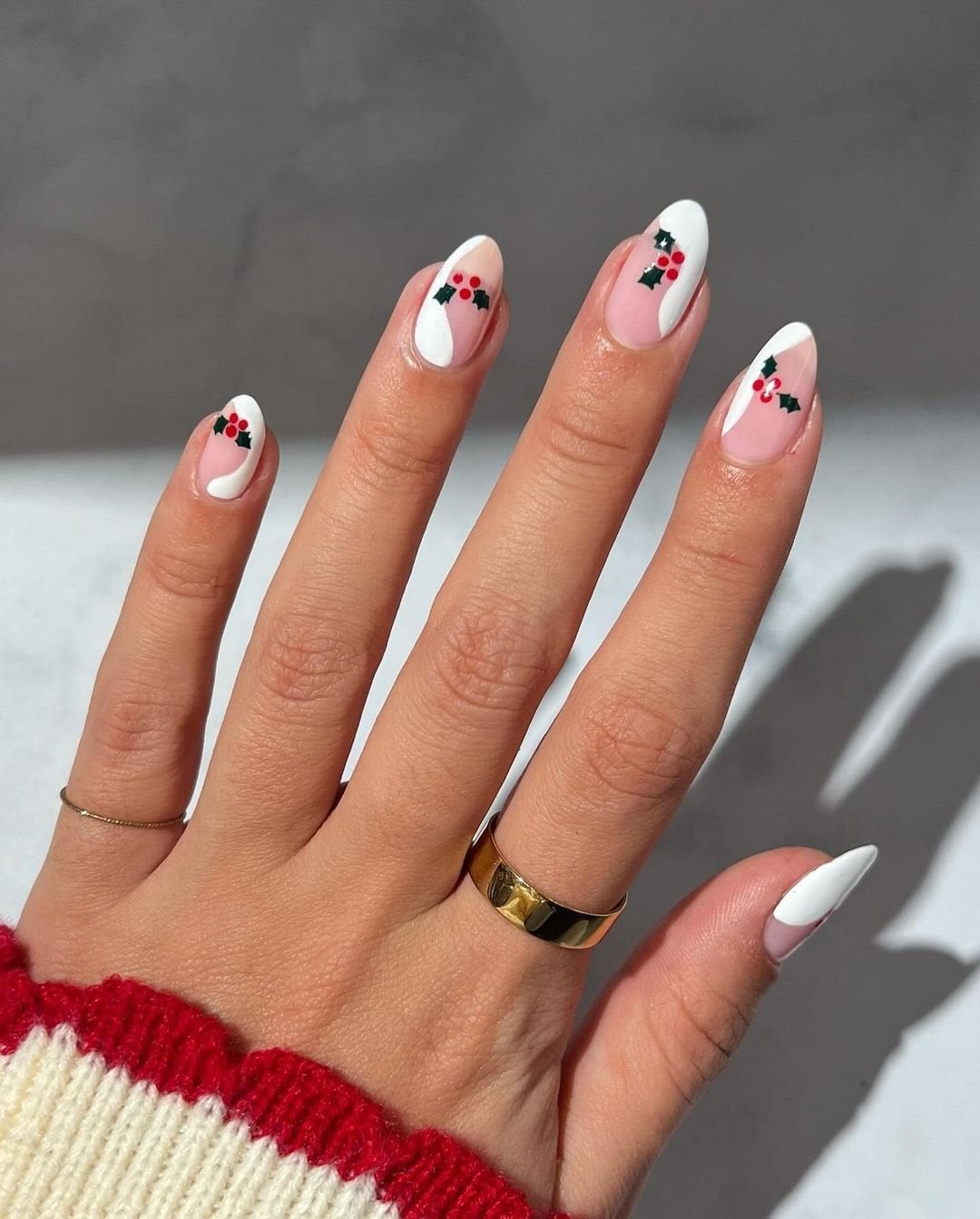 Almond French Tip Holly Berry Nails Almond French Tip Holly Berry Nails — Mistletoe Nails 2026