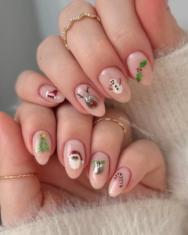 Medium Almond Ivory Red Glitter Holly Nails, Nude Base Medium Almond Ivory Red Glitter Holly Nails, Nude Base — Mistletoe Nails 2026