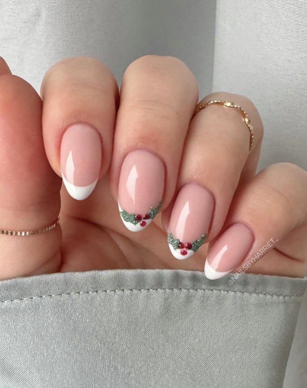 Short Oval French Tip Holly Berry Nails Short Oval French Tip Holly Berry Nails — Mistletoe Nails 2026