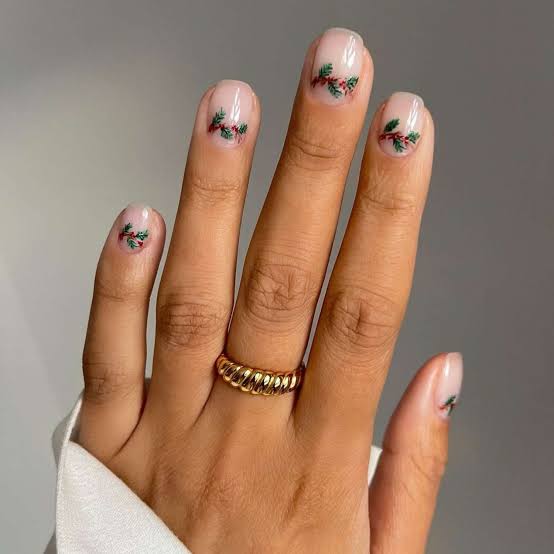 Short Almond Holly Sprig Accent Nails, Glossy Short Almond Holly Sprig Accent Nails, Glossy — Mistletoe Nails 2026