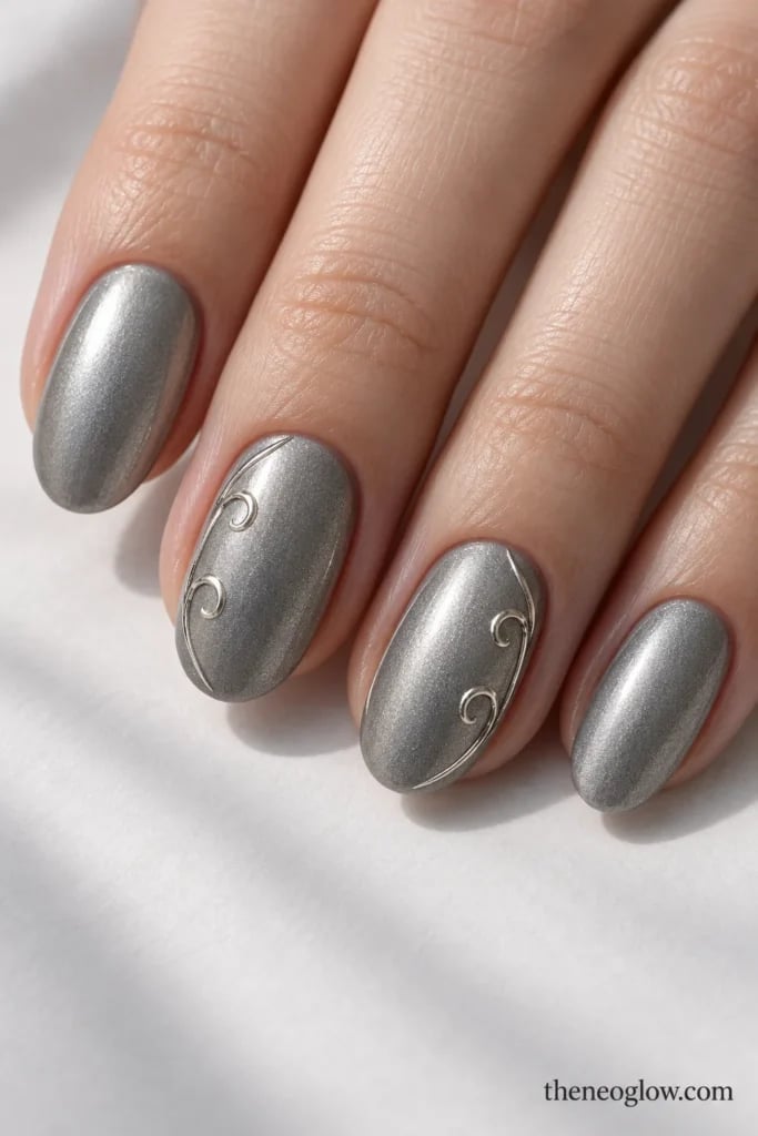 Short Oval Muted Silver Abstract Swirls Short Oval Muted Silver Abstract Swirls — Muted Metallic Nails 2027