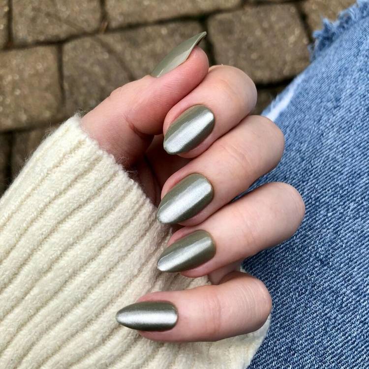 Medium Almond Muted Olive Green Satin Medium Almond Muted Olive Green Satin — Muted Metallic Nails 2027