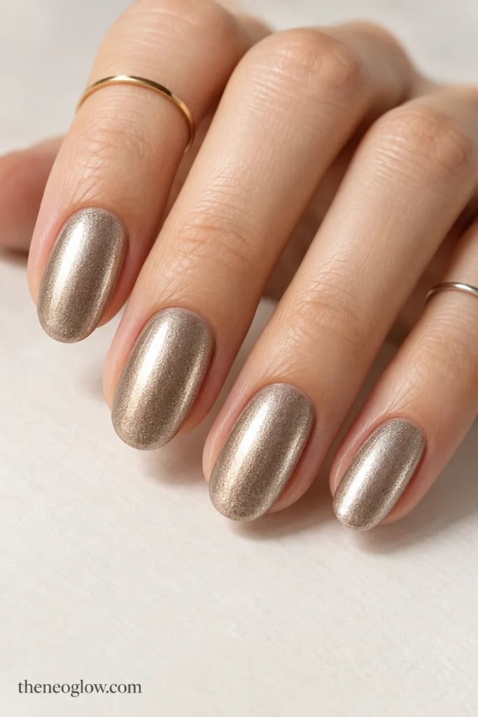 Short Oval Shimmering Champagne Gold Short Oval Shimmering Champagne Gold — Muted Metallic Nails 2027