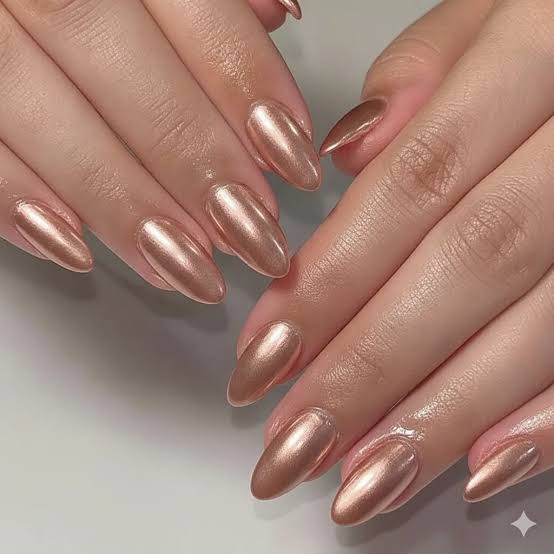 Medium Almond Rose Gold Chrome Medium Almond Rose Gold Chrome — Muted Metallic Nails 2027