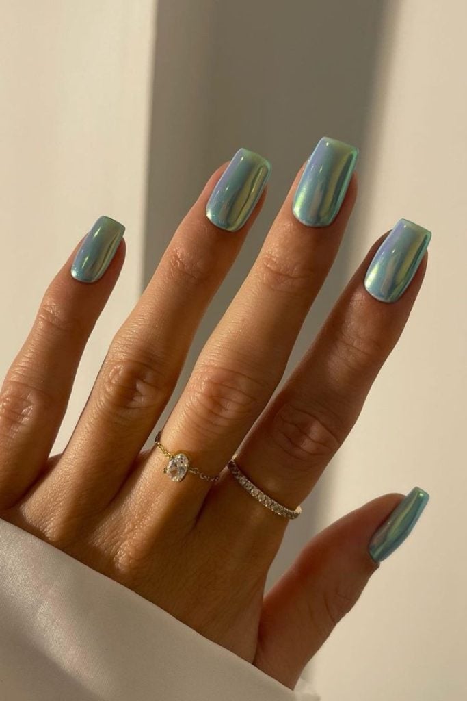 Medium Square Pale Blue Green Chrome Medium Square Pale Blue Green Chrome — Muted Metallic Nails 2027