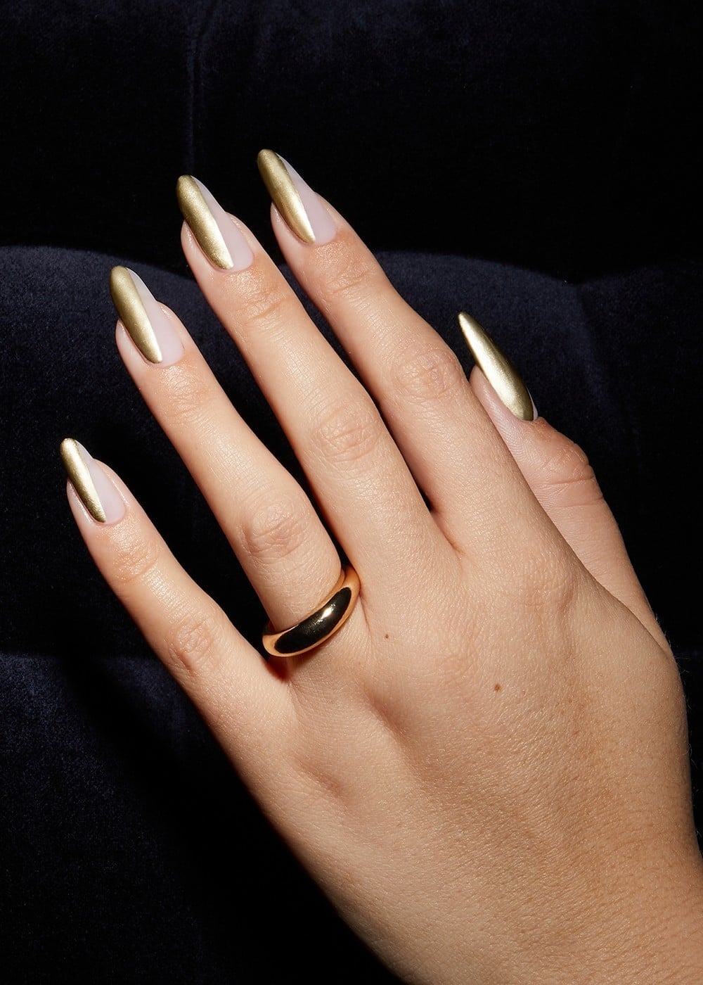 Long Almond Nude Gold Metallic Design Long Almond Nude Gold Metallic Design — Muted Metallic Nails 2027