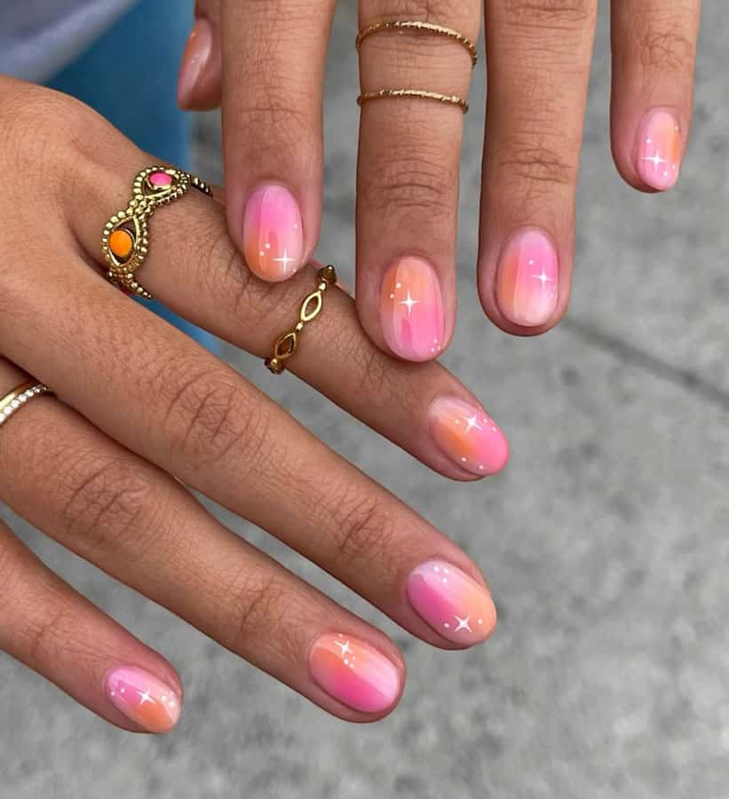 Short Oval Nails Pink Orange Gradient Stars Short Oval Nails Pink Orange Gradient Stars — Nail Shapes 2027 for Short Nail Beds