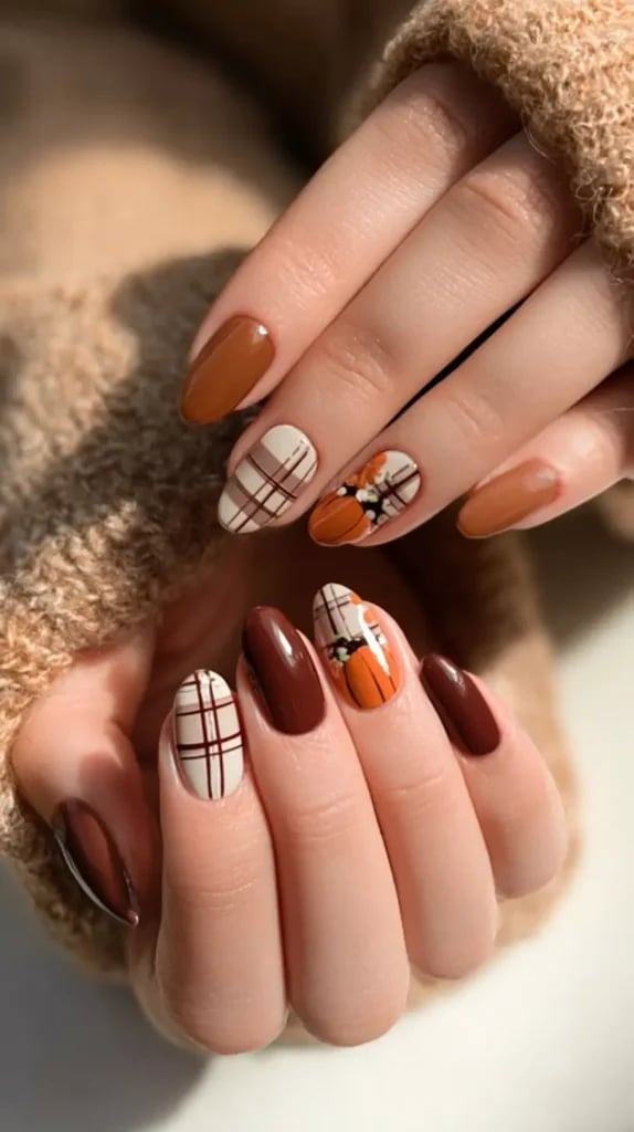 Medium Almond Plaid Pumpkin Autumn Theme Medium Almond Plaid Pumpkin Autumn Theme — Nails 2027 for Fat Fingers