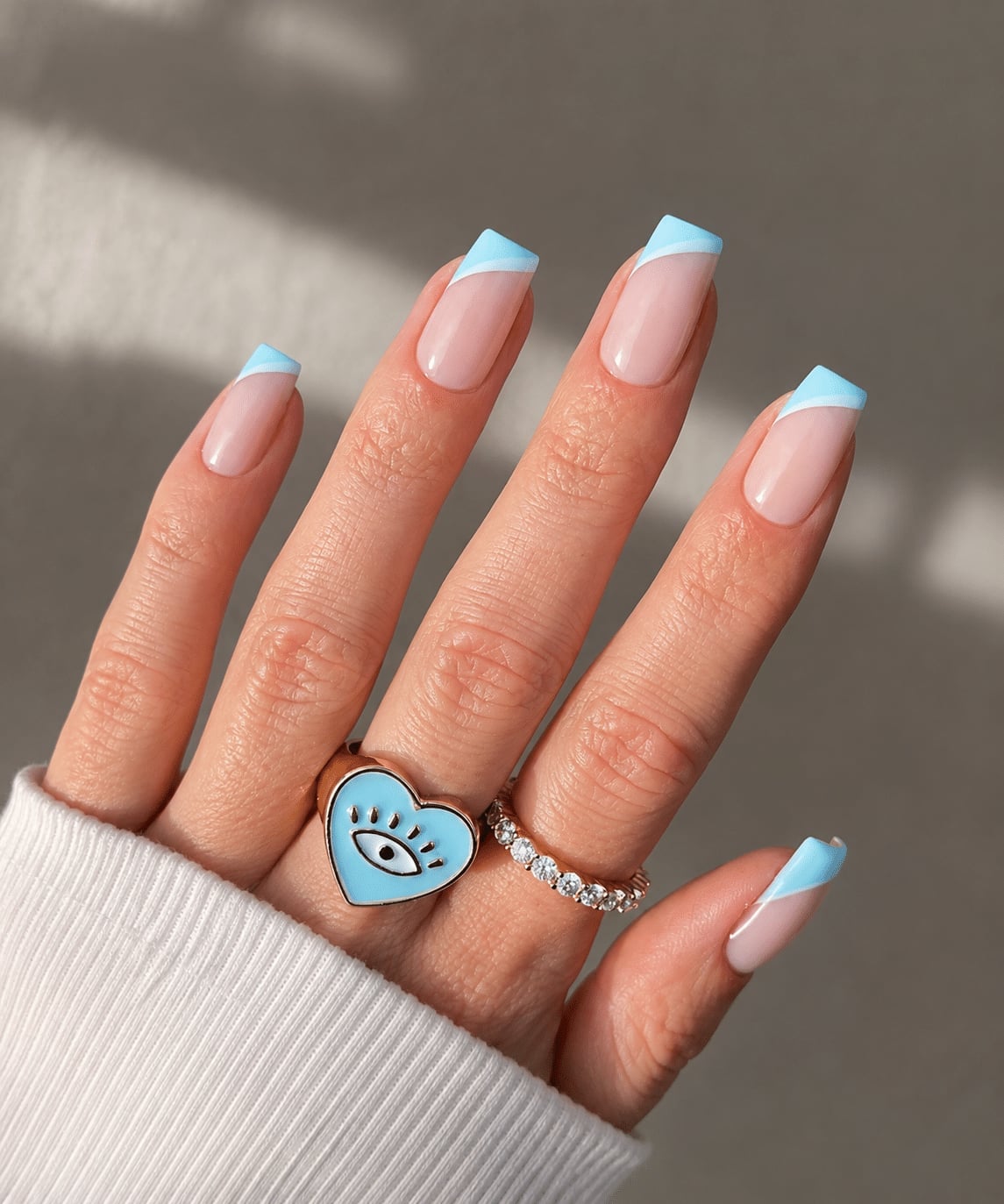 Medium Square Sheer Pink Blue French Tips, Glossy Medium Square Sheer Pink Blue French Tips, Glossy — Nails 2027 for Fat Fingers
